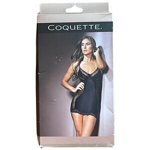 Coquette Sz M 8-10 #2535 Chemise Slip Adjustable Straps Black Stretch Lace w/Box